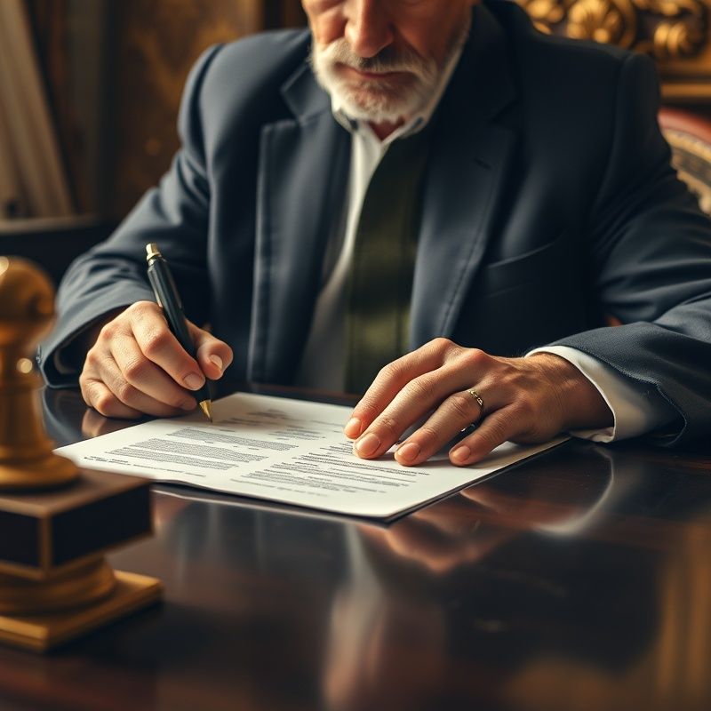 Ruce staršího muže podepisujícího důležitý dokument u notářského stolu